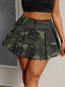 Slaydiva Plus Size Casual Street Style A-Line Camo Print Mini Skirt, For Everyday - Green - View 6
