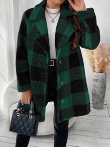 Flirla 大码平领长袖前扣格子休闲蓬松外套，冬季 - 墨綠色 - 查看 4