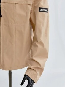 Manfinity VCAY Men's Plain Woven Casual Letter Patched Loose Fit Long Sleeve Front Zip Shirt Jacket, Fashion Young Style Urban Collar Shirt - Khaki - View 4