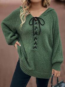 SHEIN LUNE Áo len nữ cỡ lớn kiểu dáng thường ngày buộc dây chéo phía trước có mũ trùm đầu, thích hợp mặc hàng ngày vào mùa thu/đông, áo len chui đầu mùa thu. - màu xanh lá - Xem 4