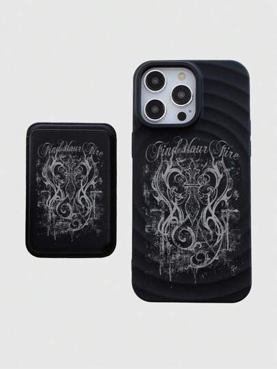 Grunge Punk 2 pièces Étui de téléphone portable magnétique style palais avec motif de sculpture et impression de lettres. Étui de téléphone portable compatible charge sans fil MagSafe. Étui de téléphone portable magnétique avec motif de sculpture et porte-carte. Compatible avec