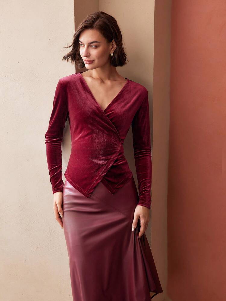 VELVET SOLID SURPLICE NECK TIE BACK SLIM FIT BLOUSE