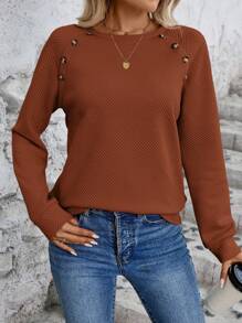 SHEIN LUNE Women's Casual Everyday Raglan Button Decor Sweatshirt, Autumn - Rust Brown - View 5