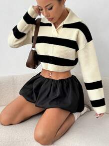 SHEIN Unity Áo len nữ dáng rộng ngắn, vai rớt, kẻ sọc, thích hợp mặc hàng ngày vào mùa thu/đông. - Đen và trắng - Xem 5