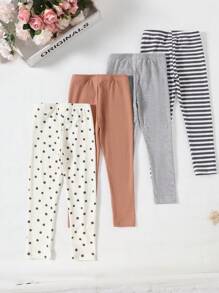 SHEIN 4 件套女童简约时尚条纹、圆点和纯色长款紧身裤套装 - 白色 - 查看 2