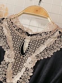 SHEIN Clasi Women's Elegant Patchwork Water Soluble Lace Keyhole Neck Mid-Length Dress, Autumn Maxi Women Outfit