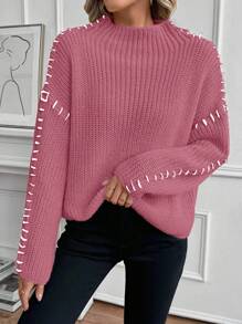 SHEIN LUNE New Arrival Autumn/Winter Funnel Neck Loose Casual Long Sleeve Sweater Knit Pullover Fall - Rusty Rose - View 5