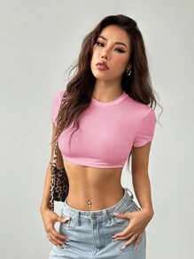 SHEIN PETITE Casual Simple Solid Color Round Neck Cropped Slim Fit Women's T-Shirt - Pink - View 5
