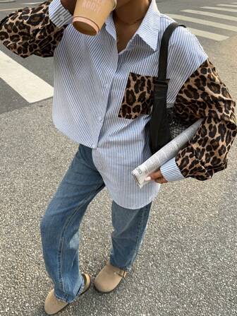 Siren Gaze Damen Leopard Patchwork gestreiftes Langarm Lässig Bluse, Retro Damen Blusen, Herbst Damen Kleider, Damen Hemden, Formale Damen Kleider, Streetstyle Hemden, Leoparden Hemden