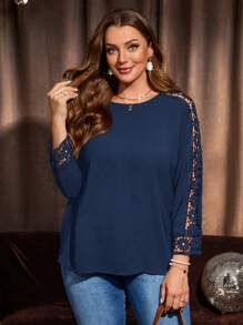 EMERY ROSE 大码黑色长袖上衣春秋长袖衬衫休闲纯色蕾丝拼布衬衫，秋季女装 - 藏蓝色 - 查看 3