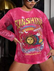Flirla Áo thun tay dài họa tiết Tie-Dye và Sun Graphic cỡ lớn, mặc thường ngày, mùa thu - Nhiều màu - Xem 5