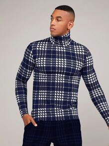 Manfinity VCAY 男士休闲千鸟格印花高领针织毛衣，秋冬 - 藏蓝色 - 查看 3