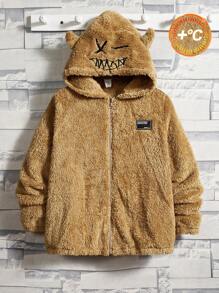 SHEIN Áo khoác có mũ trùm đầu dày lót nhiệt có khóa kéo cho bé trai tuổi teen - Màu Khaki - Xem 4