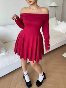 Allurite Váy chữ A trễ vai đơn giản thanh lịch cỡ lớn, váy ngắn tay màu đỏ dài, váy co giãn bó eo cho quần áo năm mới - Đỏ - Xem 5