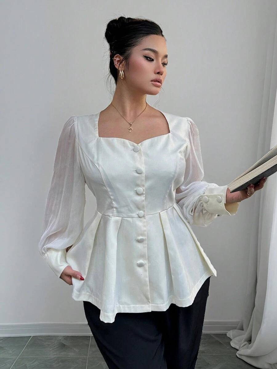 Flirla Plus Size 1pc Women's Casual & Romantic Pleated Sheer Long Sleeve Business Shirt