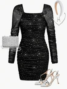 Girlism Teen Girls' Elegant Pearl Beaded Square Neck Ruched Party Dress