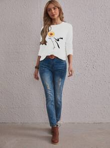 EMERY ROSE Camiseta de manga larga informal con estampado de flores y letras, otoño