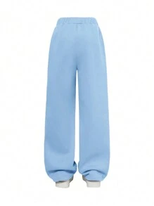 SHEIN Girlism 2 件 Tween 女童休闲字母印花长袖圆领运动衫和运动裤套装 - 淺藍色 - 查看 5