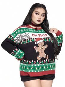 ROMWE Cute Christmas Retro Gingerbread & Snowflake Intarsia Knit Loose Fit Plus Size Pullover Sweater, For Winter - Multicolor - View 6