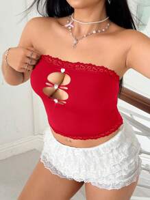 SHEIN ICON Áo Bandeau ren thêu hình trái tim cắt laser trang trí sequin cho nữ - Đỏ - Xem 3