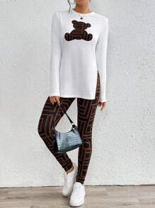 SHEIN Essnce Women Casual 2pcs Women's Casual Bear Print Side Slit Long Sleeve Top & Geometric Print Leggings Set Fall Sets , Fall Women Clothes - Brown - View 4