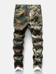 SHEIN Tween Boys Branch Camouflage Patchwork Front Panel Rolled Hem Washed Denim Casual Pants, School, Campus, College