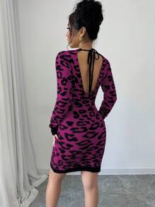 Elenzga Women's Casual Chic Leopard Print Backless Bodycon Dress, Autumn & Winter Fall Cloth For Women - Purple - View 2