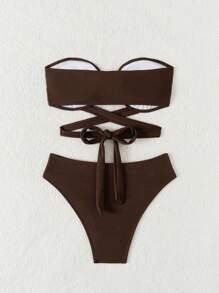 Swim SXY Women's New Ribbed Sling Halter Neck Tie-Front Bikini Set Summer