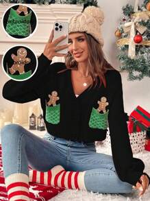 Chiquease 女士圣诞姜饼人刺绣口袋 V 领长袖开衫 - 彩色 - 查看 1