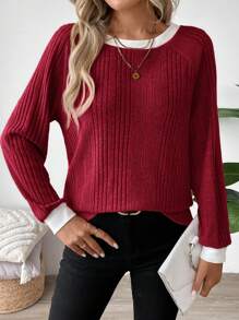 SHEIN LUNE Nueva parte superior de sudadera con cuello redondo en color Meralda para damas, otoño/invierno 2024 - Burdeos - Ver 6