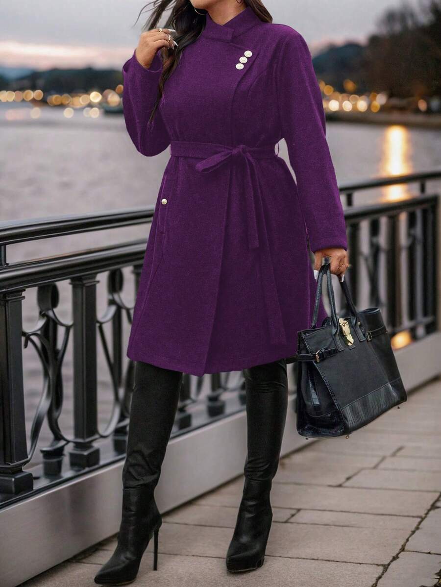 SHEIN Clasi Plus Size Solid Color Button Front Tie Waist Casual Jacket, Everyday Wear, For Winter - Red Violet - View 1