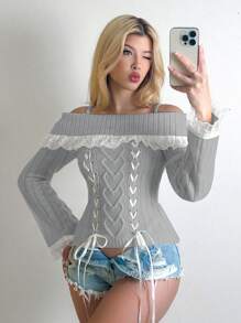 EgrlEra Blusa casual con mangas largas, hombros abiertos y encaje, conjunto de estilo Y2K para mujer