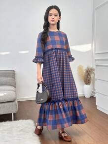 SHEIN Leap Crew Tween Girls Loose Casual Simple Comfortable Patchwork Round Neck Plaid Dress - Blue - View 6