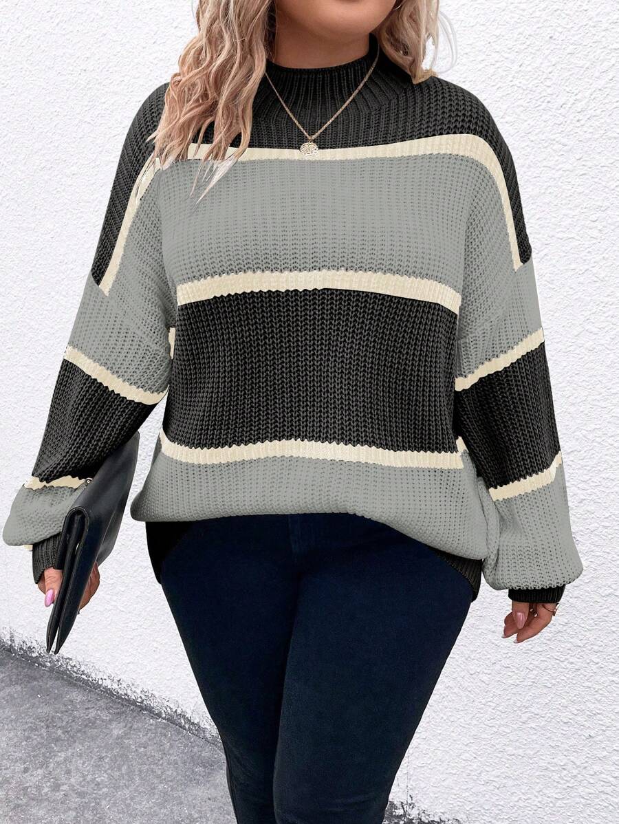 SHEIN LUNE Plus Size Crew Neck Color Block Striped Casual Long Sleeve Sweater, For Winter Knit Pullover Fall - Multicolor - View 1