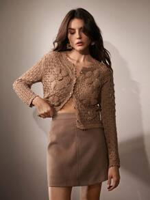 优雅手工钩织 3D 花卉针织棕色女式开衫 - 棕色 - 查看 7