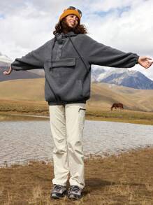 In My Nature Camicetta casual da donna con bottoni sul davanti, maniche lunghe e tasche, tinta unita