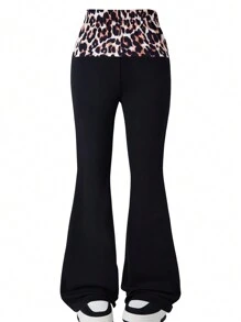 SHEIN Tween Girl Leopard Print Waistband Elegant Flared Leg Fleece Pants