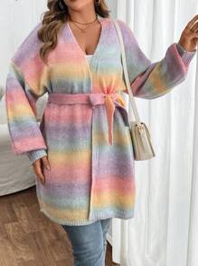 SHEIN VCAY Plus Size Ombre Gradient Long Sleeve Cardigan With Belt - Multicolor - View 1