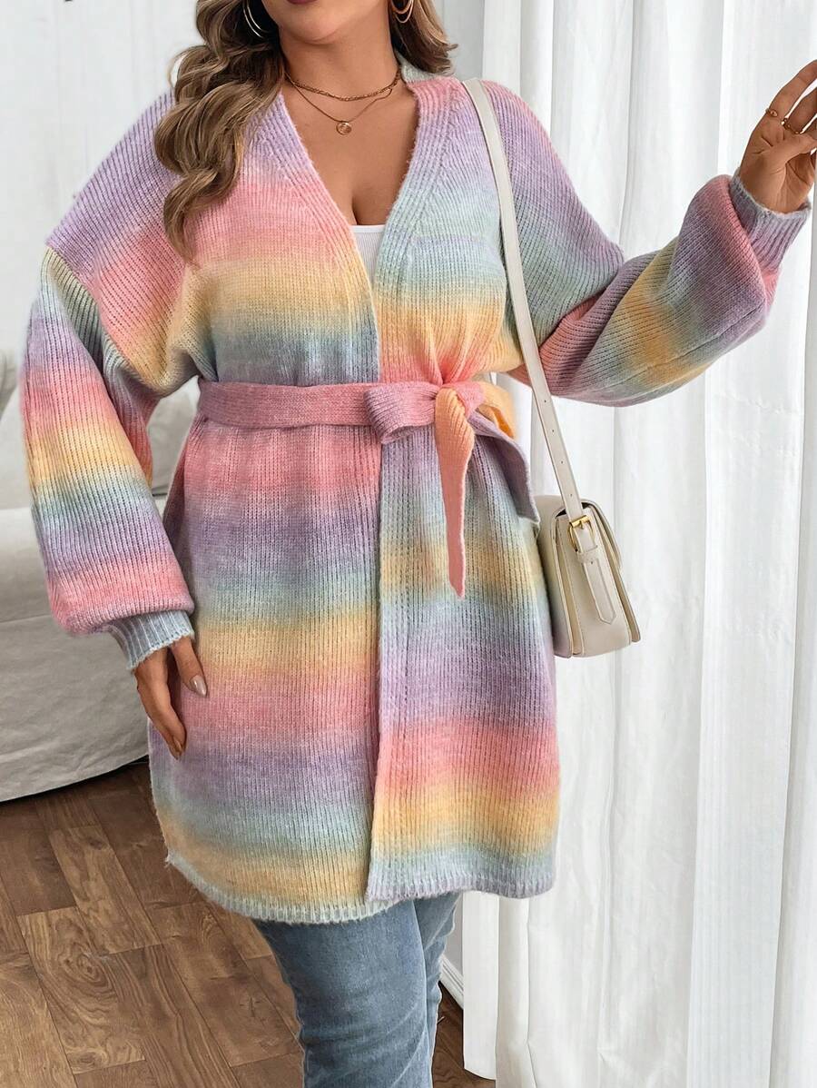 SHEIN VCAY Plus Size Ombre Gradient Long Sleeve Cardigan With Belt - Multicolor - View 1