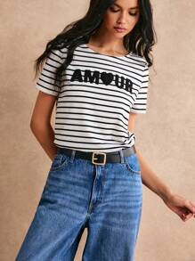 Poéselle Striped & Letter Graphic Tee, Casual Style, Effortless Chic