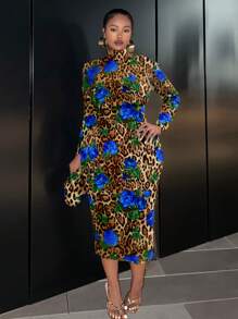 Slaydiva Elegant Minimalist Leopard & Rose Print Long Sleeve Round Neck Fitted Dress For Plus Size Women, Autumn/Winter