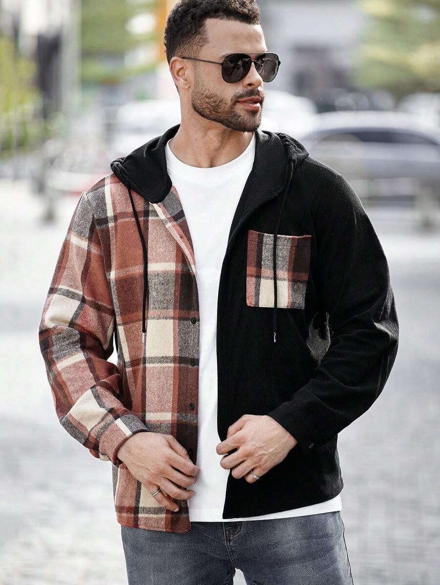 Manfinity Homme Men's Plus Size Casual Contrast Plaid Front Button Hooded Corduroy Panel Shacket, Autumn Fall Clothes - Multicolor - View 1