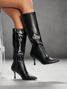 CUCCOO SZL Mode Zwarte Puntige Neus Stiletto Kniehoge Laarzen Voor Vrouwen Voor Kerstmis En Nieuwjaar Vakantie Vibe Herfst En Winter
