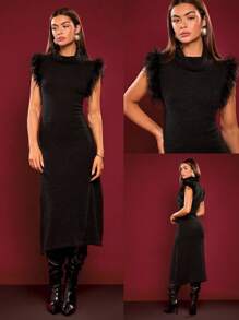 Glamine Vestido de suéter con cuello alto y esponjoso para mujer para otoño/invierno - Días festivos Navidad