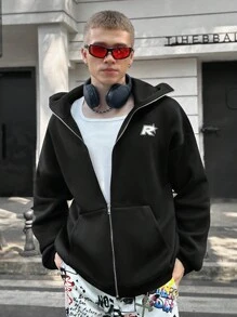 Manfinity VCAY 男士针织休闲宽松高领连帽拉链运动衫，外出时尚黑色长袖拉链连帽衫，适合朋友、丈夫、男朋友的礼物 - 黑色 - 查看 1