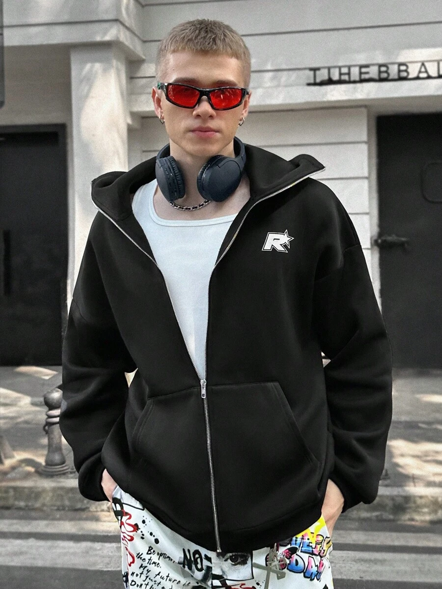 Manfinity VCAY 男士针织休闲宽松高领连帽拉链运动衫，外出时尚黑色长袖拉链连帽衫，适合朋友、丈夫、男朋友的礼物 - 黑色 - 查看 1