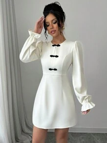 Gloray 1pc Women's Autumn Round Neck Puff Sleeve Dress With Button Decor, Elegant And Cute Fashion