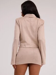 MUSERA Zip Front Wide Sleeve Cropped Faux Suede Jacket - Khaki - View 3