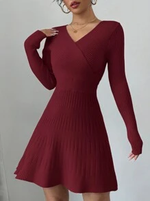 Elenzga 1pc Solid Color V-Neck Long Sleeve Casual Short Wrap-Style Dress - Burgundy - View 7