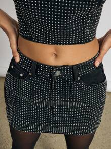 AiiRZ Rave Rhinestone Embellished Strapless Bandeau Crop Top And Mini Skirt Two Piece Co-Ord Set